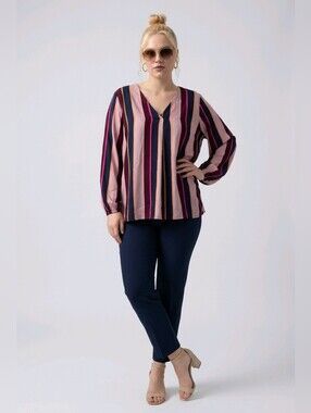 Wasabi Striped V-Neck Long Sleeve Top - Pink Multi